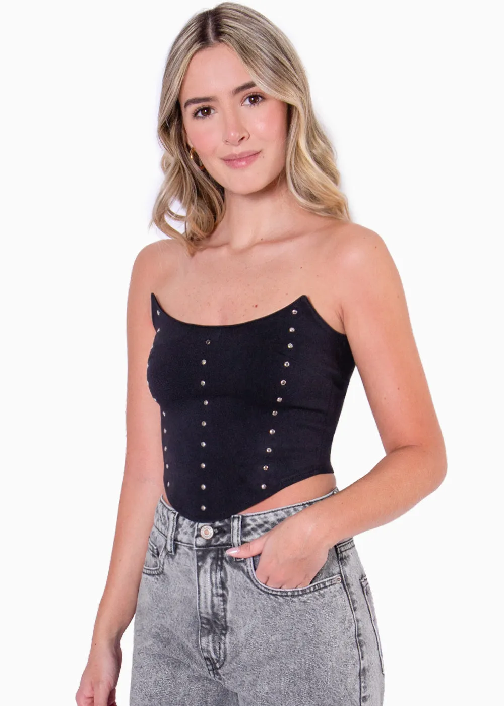 Crop top strapless con puntas y taches - NETTY