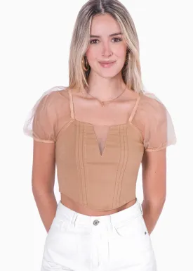 Crop top tipo corset manga corta con organza y escote en v - SALOME