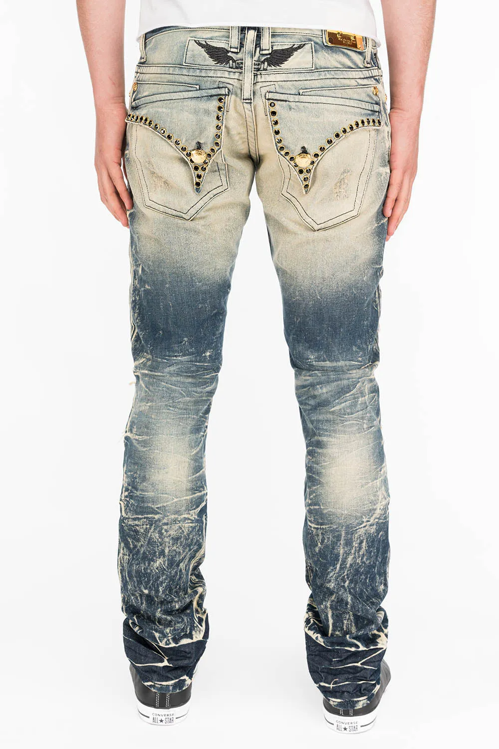 CROSSED OUT LONG FLAP MENS JEANS IN 4D DARK BROKEN WITH CRYSTALS