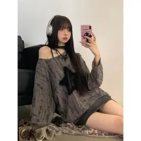 Darianrojas grunge dti Japanese Style Drawstring Gray Functional Style Hot Girl T-shirt Autumn Women's Top Star Ripped Loose Long Sleeve Bottoming Shirt Trendy