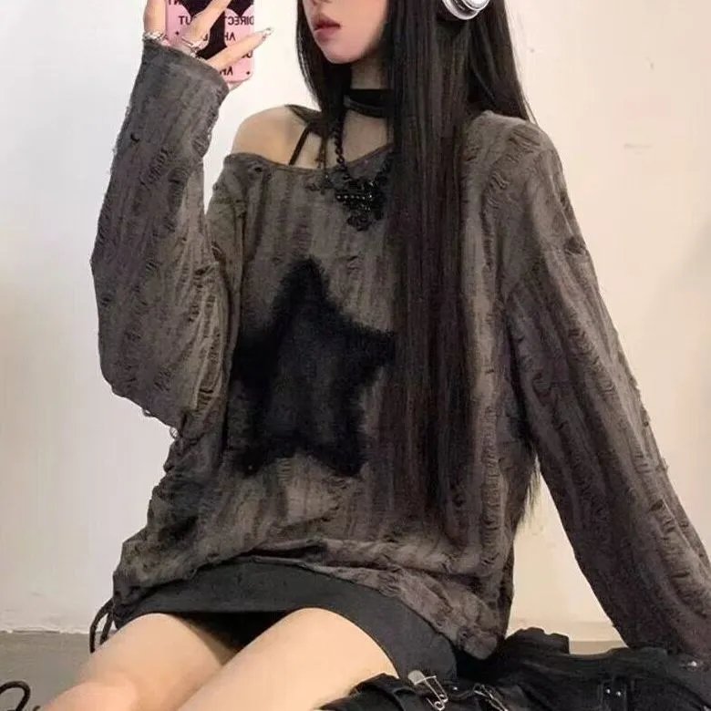 Darianrojas grunge dti Japanese Style Drawstring Gray Functional Style Hot Girl T-shirt Autumn Women's Top Star Ripped Loose Long Sleeve Bottoming Shirt Trendy