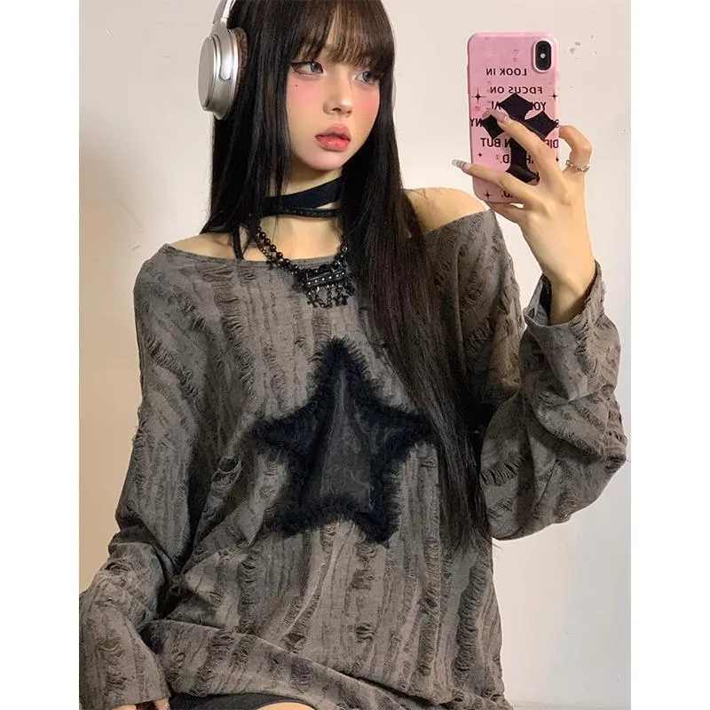Darianrojas grunge dti Japanese Style Drawstring Gray Functional Style Hot Girl T-shirt Autumn Women's Top Star Ripped Loose Long Sleeve Bottoming Shirt Trendy