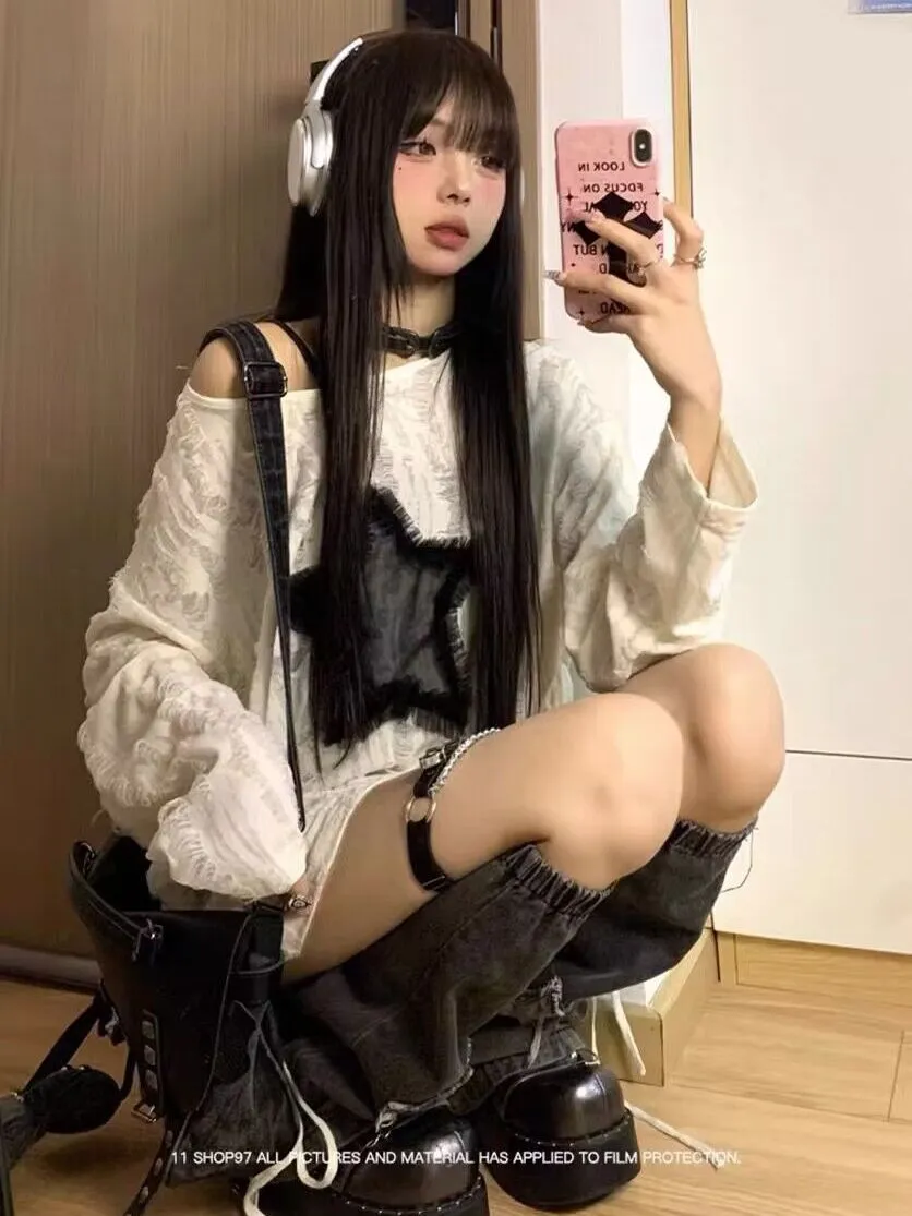 Darianrojas grunge dti Japanese Style Drawstring Gray Functional Style Hot Girl T-shirt Autumn Women's Top Star Ripped Loose Long Sleeve Bottoming Shirt Trendy