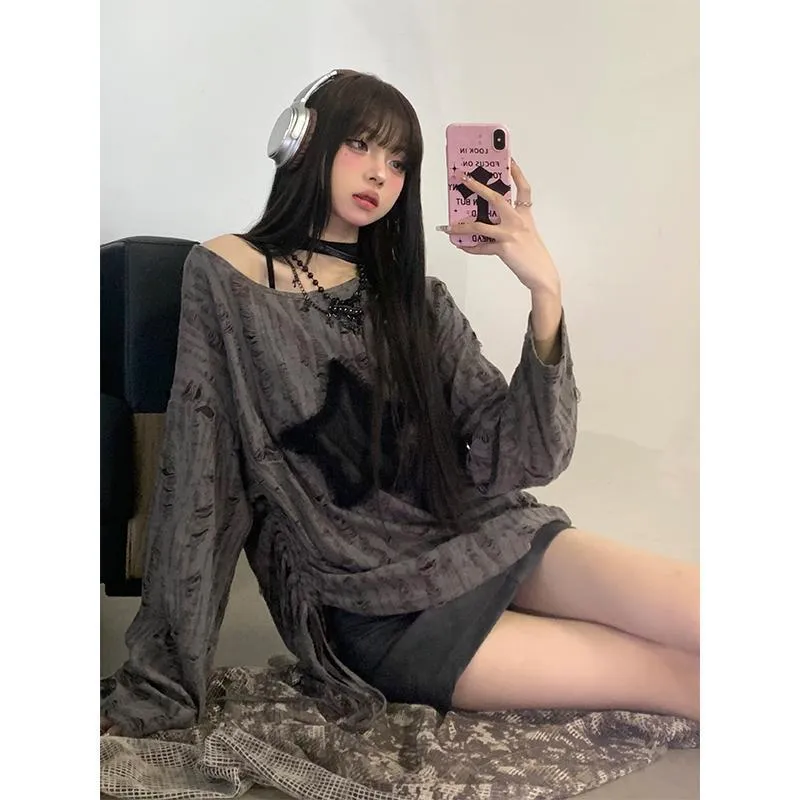 Darianrojas grunge dti Japanese Style Drawstring Gray Functional Style Hot Girl T-shirt Autumn Women's Top Star Ripped Loose Long Sleeve Bottoming Shirt Trendy