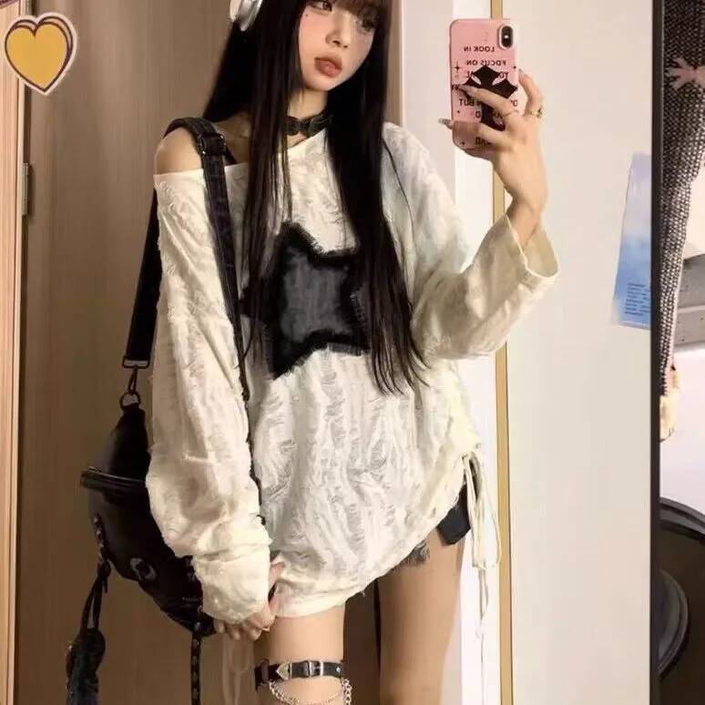 Darianrojas grunge dti Japanese Style Drawstring Gray Functional Style Hot Girl T-shirt Autumn Women's Top Star Ripped Loose Long Sleeve Bottoming Shirt Trendy