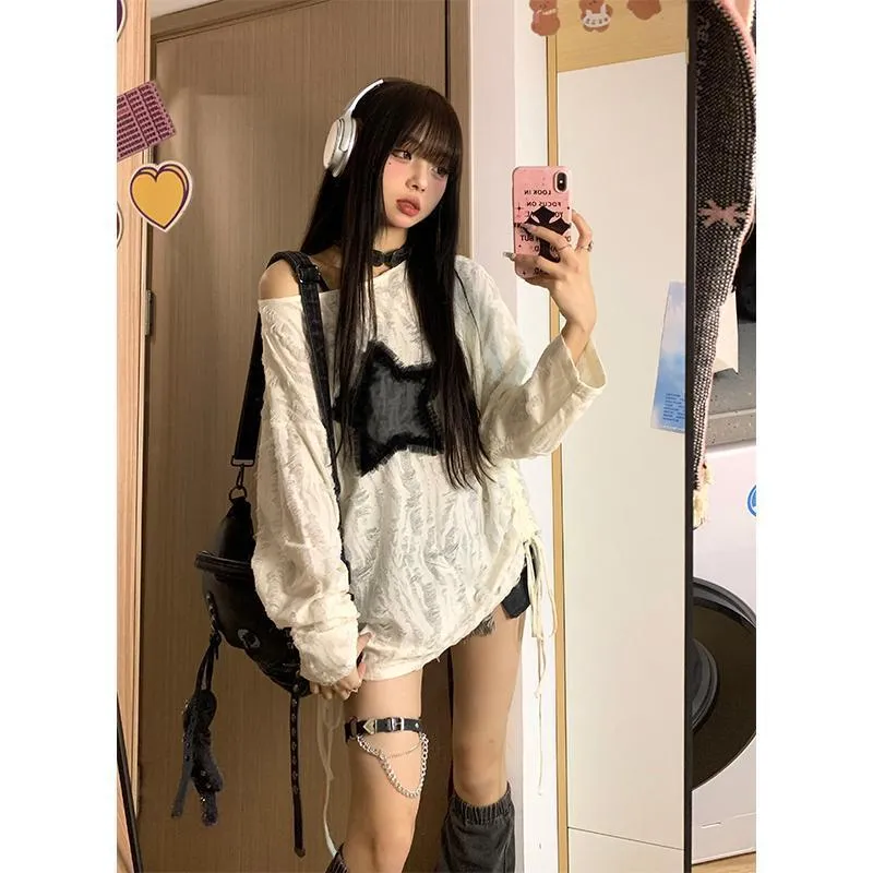 Darianrojas grunge dti Japanese Style Drawstring Gray Functional Style Hot Girl T-shirt Autumn Women's Top Star Ripped Loose Long Sleeve Bottoming Shirt Trendy