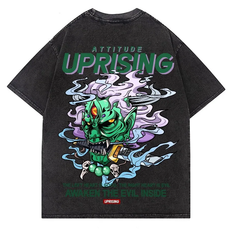 Demon devil ghost Pain Printed T Shirt Men Retro Washed oversized Tops Tees Harajuku Tshirt Streetwear Hip Hop Male T-shirts