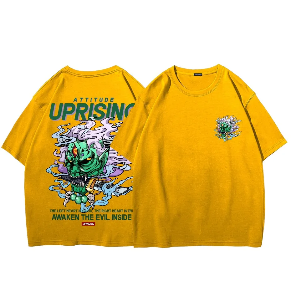 Demon devil ghost Pain Printed T Shirt Men Retro Washed oversized Tops Tees Harajuku Tshirt Streetwear Hip Hop Male T-shirts