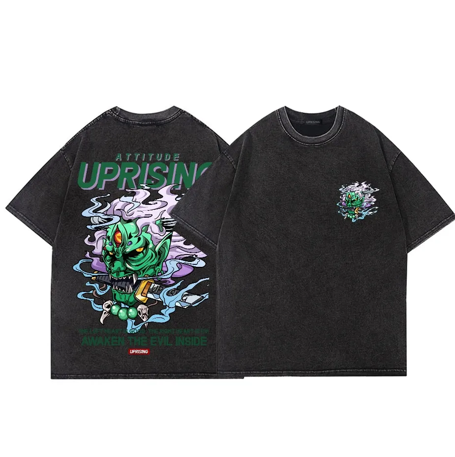 Demon devil ghost Pain Printed T Shirt Men Retro Washed oversized Tops Tees Harajuku Tshirt Streetwear Hip Hop Male T-shirts
