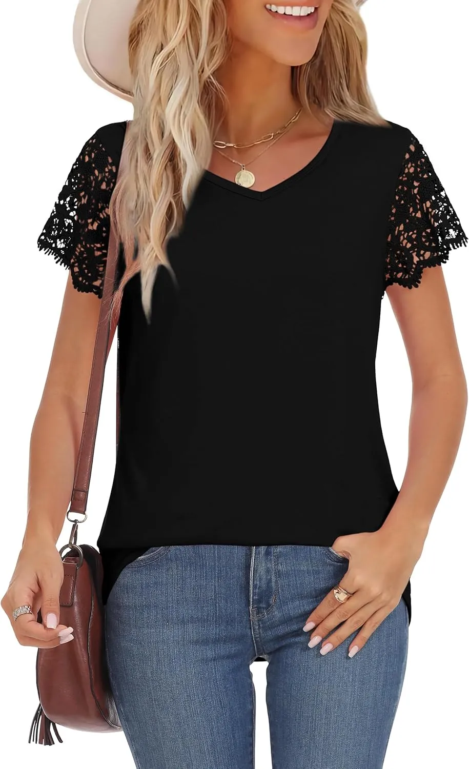 Desol Womens Summer Lace Tops Trendy 2025 Short Sleeve Tshirts Shirts Business Casual V Neck Blouses Summer Clothes