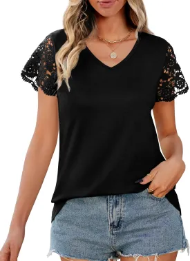 Desol Womens Summer Lace Tops Trendy 2025 Short Sleeve Tshirts Shirts Business Casual V Neck Blouses Summer Clothes