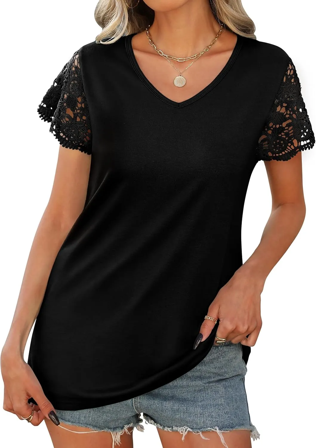 Desol Womens Summer Lace Tops Trendy 2025 Short Sleeve Tshirts Shirts Business Casual V Neck Blouses Summer Clothes