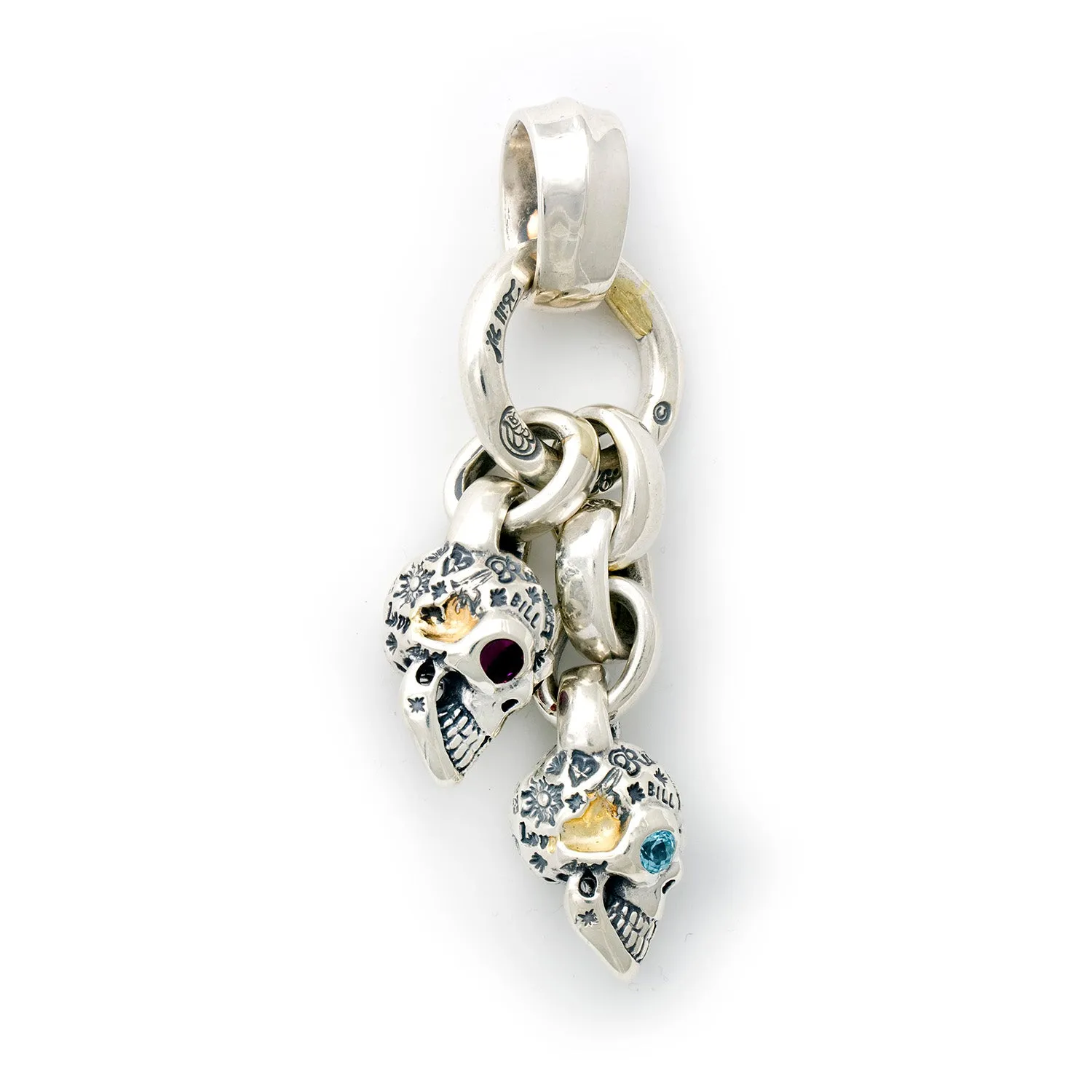 Double Graffiti Skull Clacker Pendant with Rhodolite and Blue Topaz Eyes "Natural"
