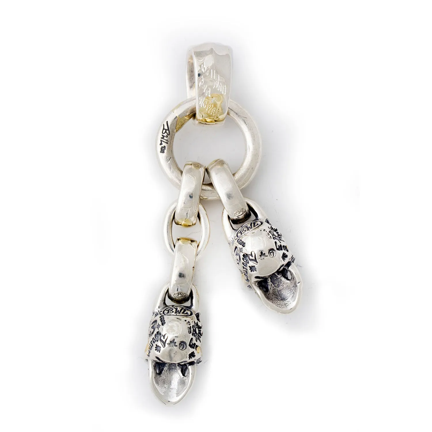 Double Graffiti Skull Clacker Pendant with Rhodolite and Blue Topaz Eyes "Natural"
