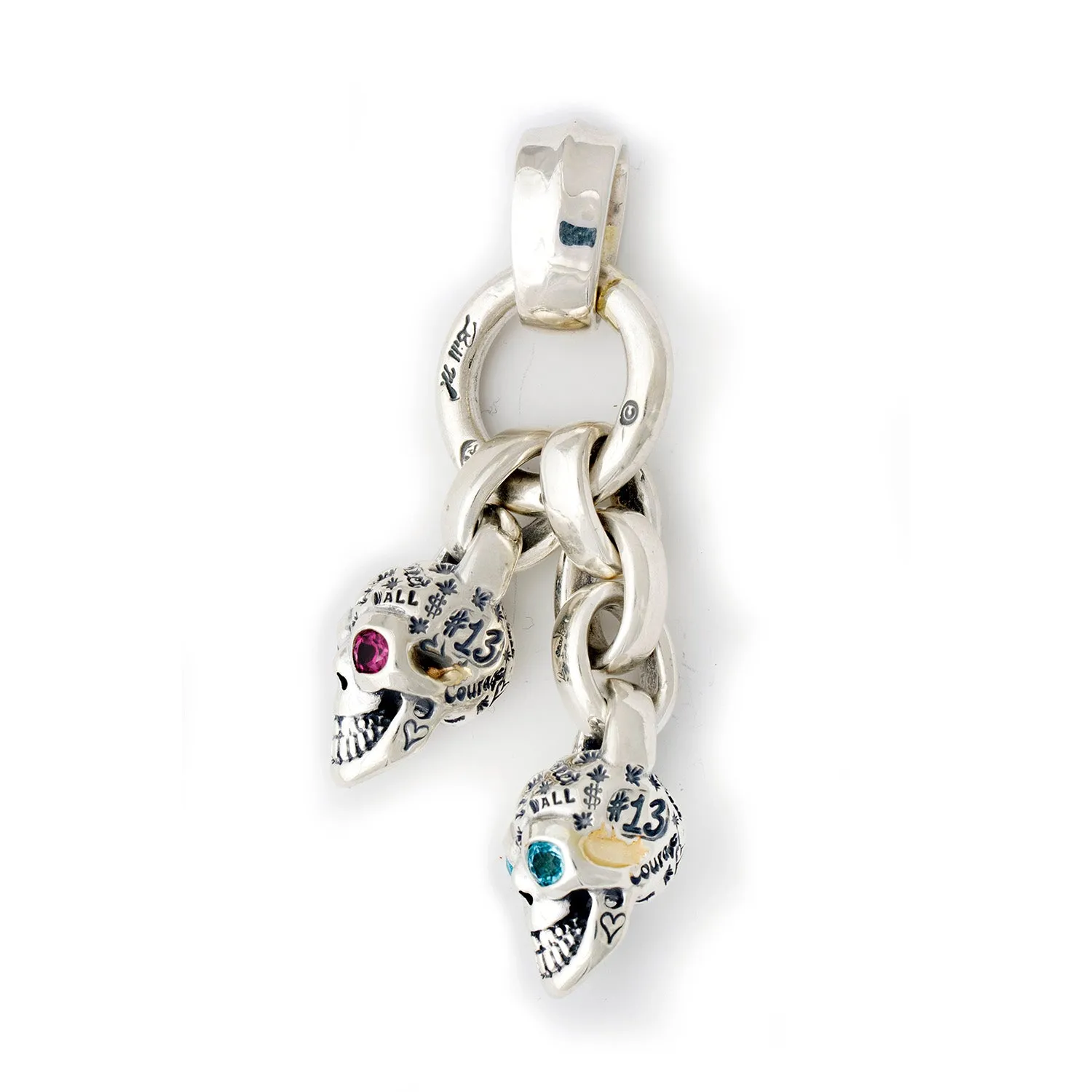 Double Graffiti Skull Clacker Pendant with Rhodolite and Blue Topaz Eyes "Natural"