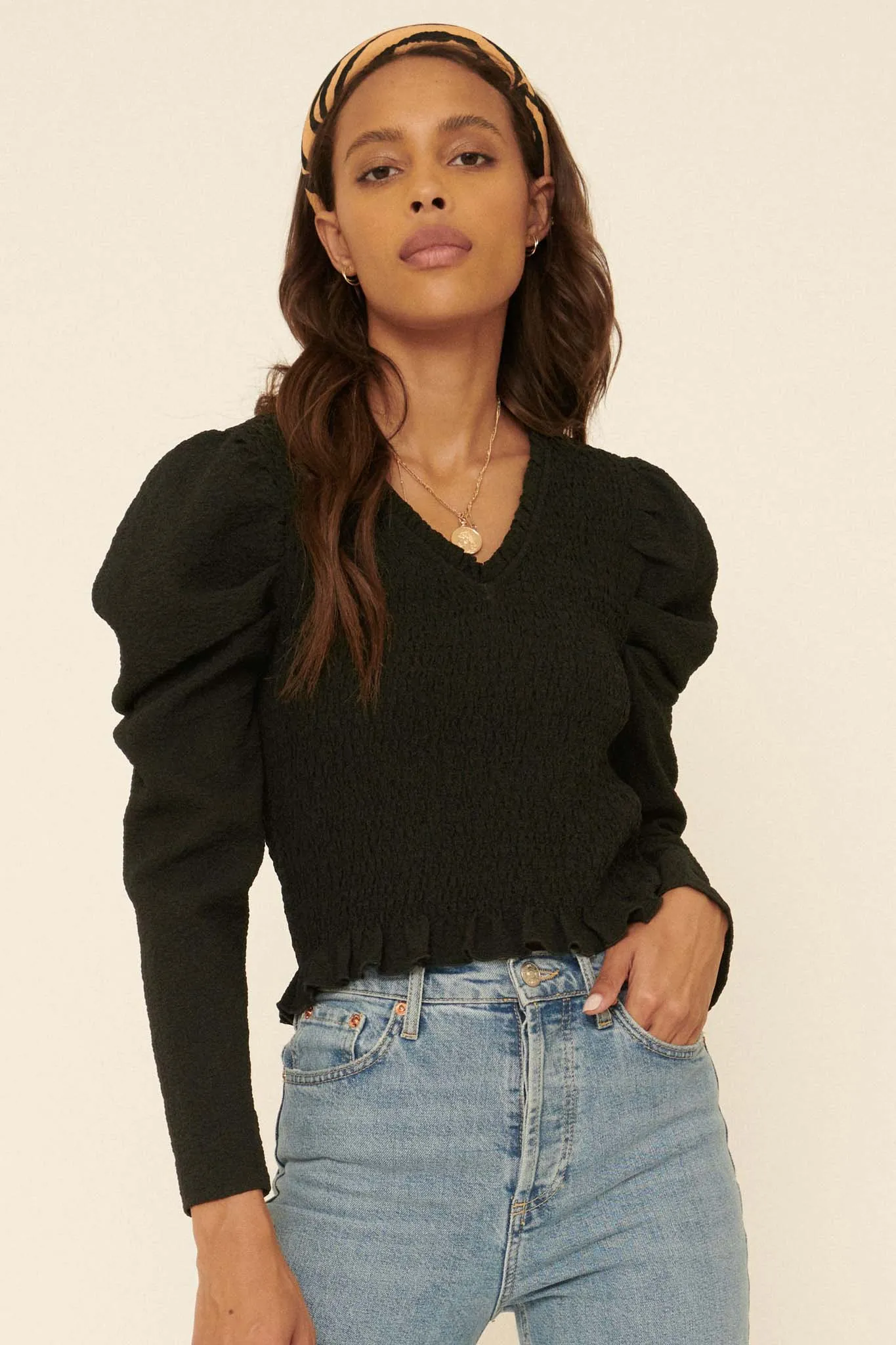 Drama Club Smocked Crepe Puff-Sleeve Top