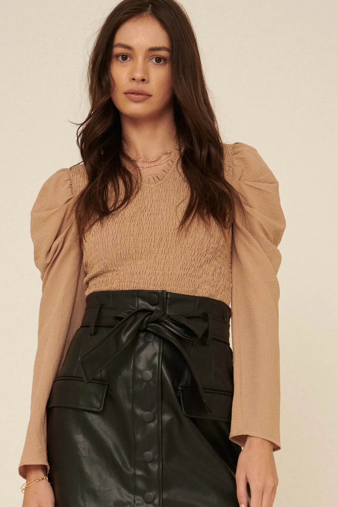 Drama Club Smocked Crepe Puff-Sleeve Top