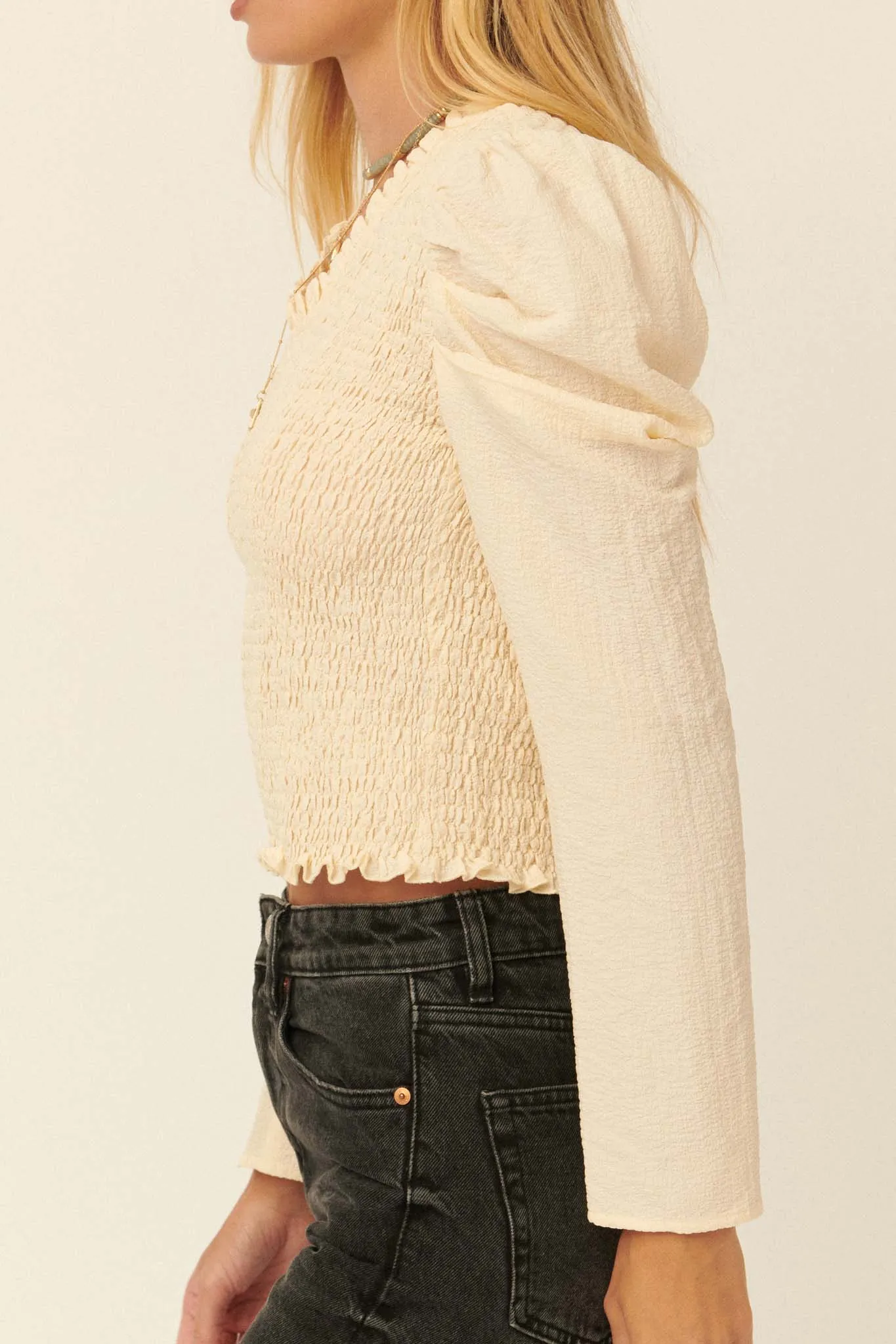 Drama Club Smocked Crepe Puff-Sleeve Top