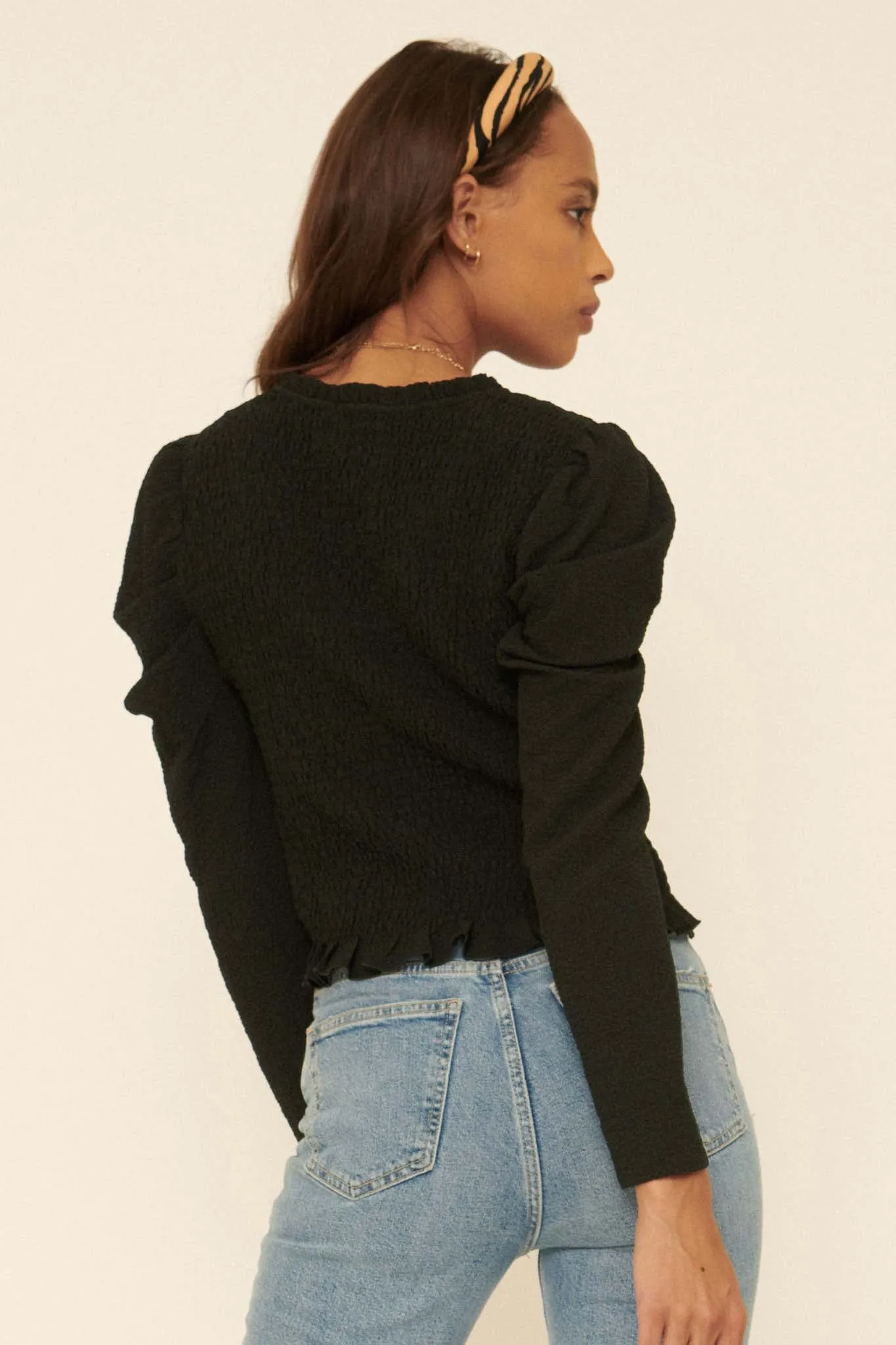 Drama Club Smocked Crepe Puff-Sleeve Top