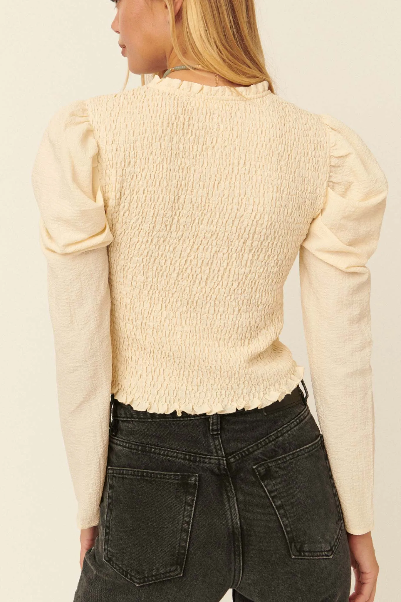 Drama Club Smocked Crepe Puff-Sleeve Top
