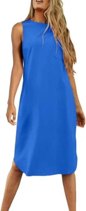 Dyexces Summer Dress for Women Crew Neck Short Sleeve Solid Basic T-Shirts Casual Midi Dresses with Pocket