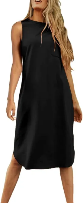 Dyexces Summer Dress for Women Crew Neck Short Sleeve Solid Basic T-Shirts Casual Midi Dresses with Pocket