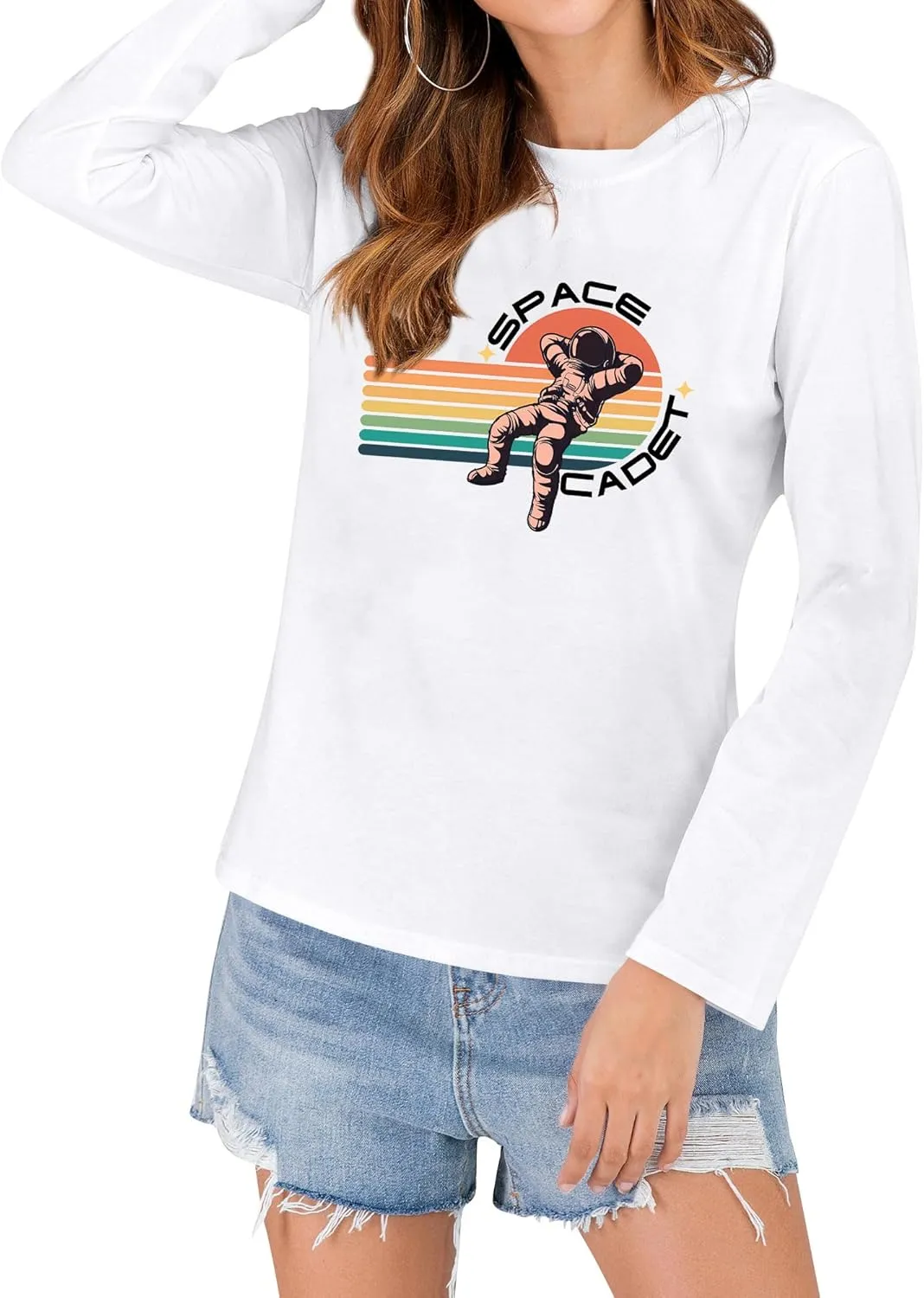 Ezcosplay Crew Neck Long Sleeve NASA T-Shirt Letter Printed Shirt Graphic Tee Tops for Women
