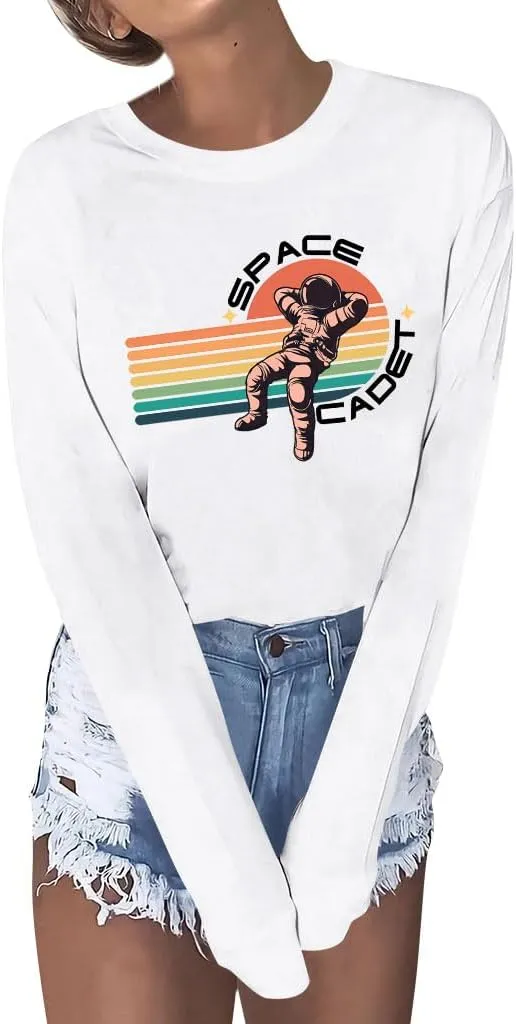 Ezcosplay Crew Neck Long Sleeve NASA T-Shirt Letter Printed Shirt Graphic Tee Tops for Women