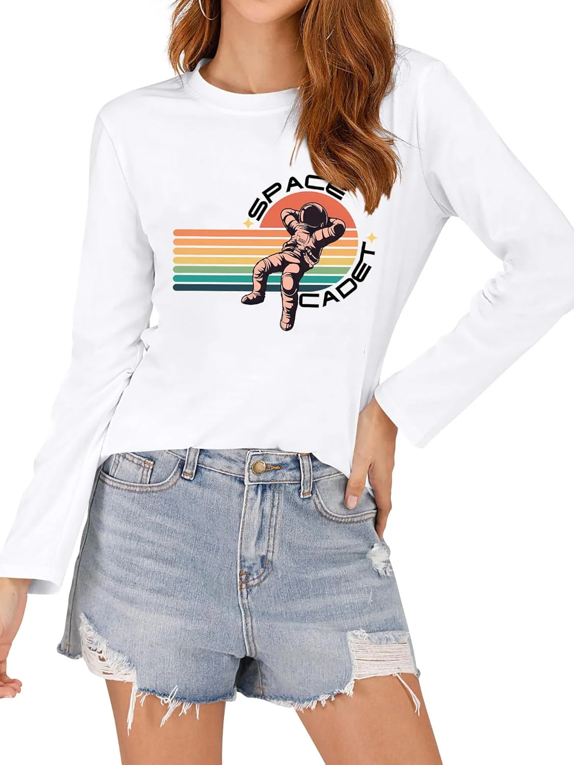 Ezcosplay Crew Neck Long Sleeve NASA T-Shirt Letter Printed Shirt Graphic Tee Tops for Women