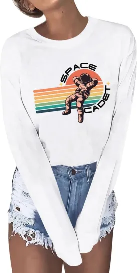Ezcosplay Crew Neck Long Sleeve NASA T-Shirt Letter Printed Shirt Graphic Tee Tops for Women