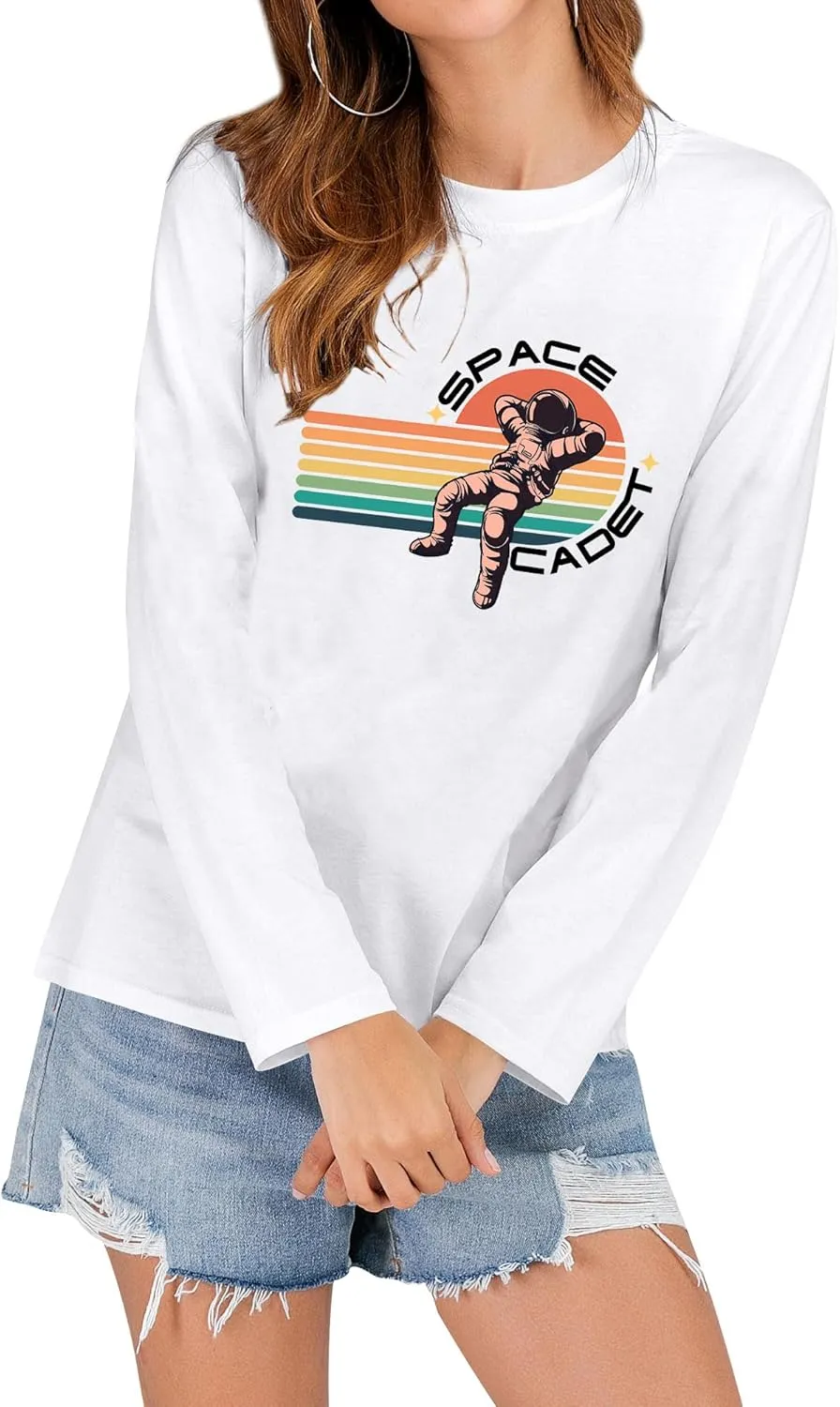 Ezcosplay Crew Neck Long Sleeve NASA T-Shirt Letter Printed Shirt Graphic Tee Tops for Women