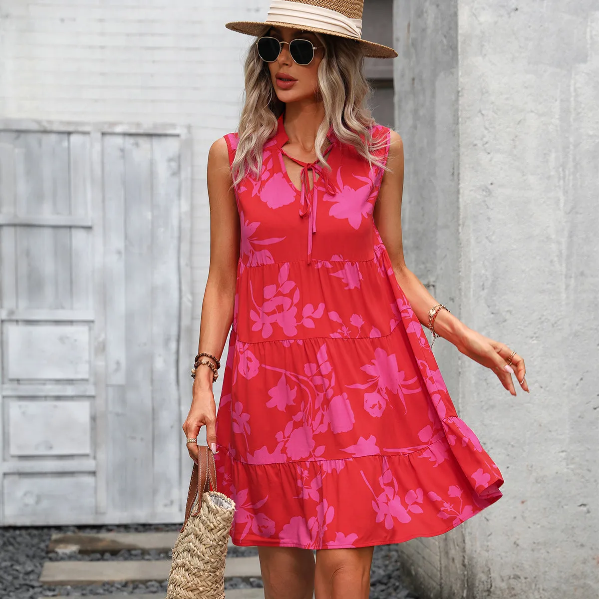 Fashion Print Knot Trendy Waist Ruffle Sleeveless Dress