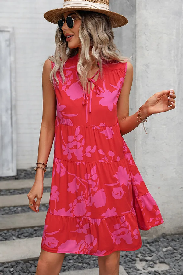 Fashion Print Knot Trendy Waist Ruffle Sleeveless Dress