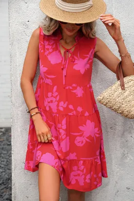 Fashion Print Knot Trendy Waist Ruffle Sleeveless Dress