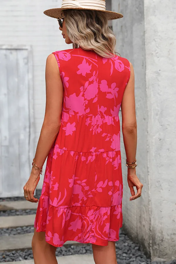 Fashion Print Knot Trendy Waist Ruffle Sleeveless Dress