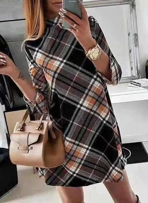Fashion women's trendy long-sleeved plaid print dress