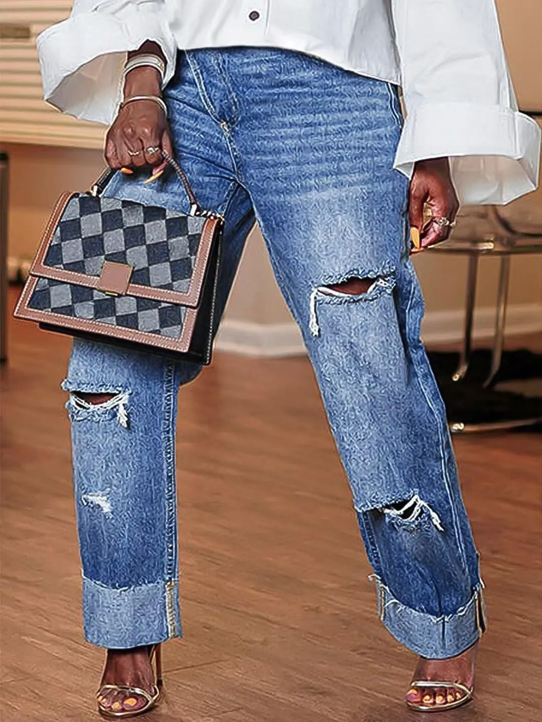 Flamingals Straight Leg High Rise Asymmetrical Waist Crossover Cut Out Baggy Barrel Jeans