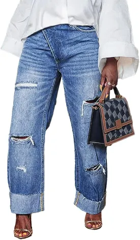 Flamingals Straight Leg High Rise Asymmetrical Waist Crossover Cut Out Baggy Barrel Jeans
