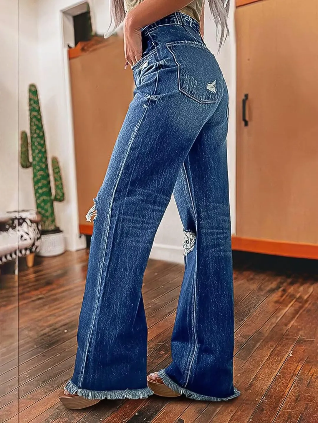 Flamingals Straight Leg Jeans for Women High Rise Casual Wash Cut Out Raw Hem Button Fly Denim Jeans