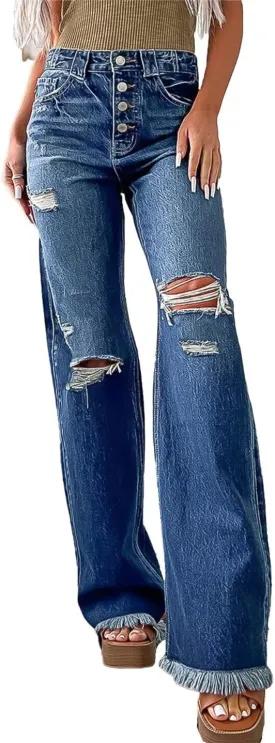 Flamingals Straight Leg Jeans for Women High Rise Casual Wash Cut Out Raw Hem Button Fly Denim Jeans
