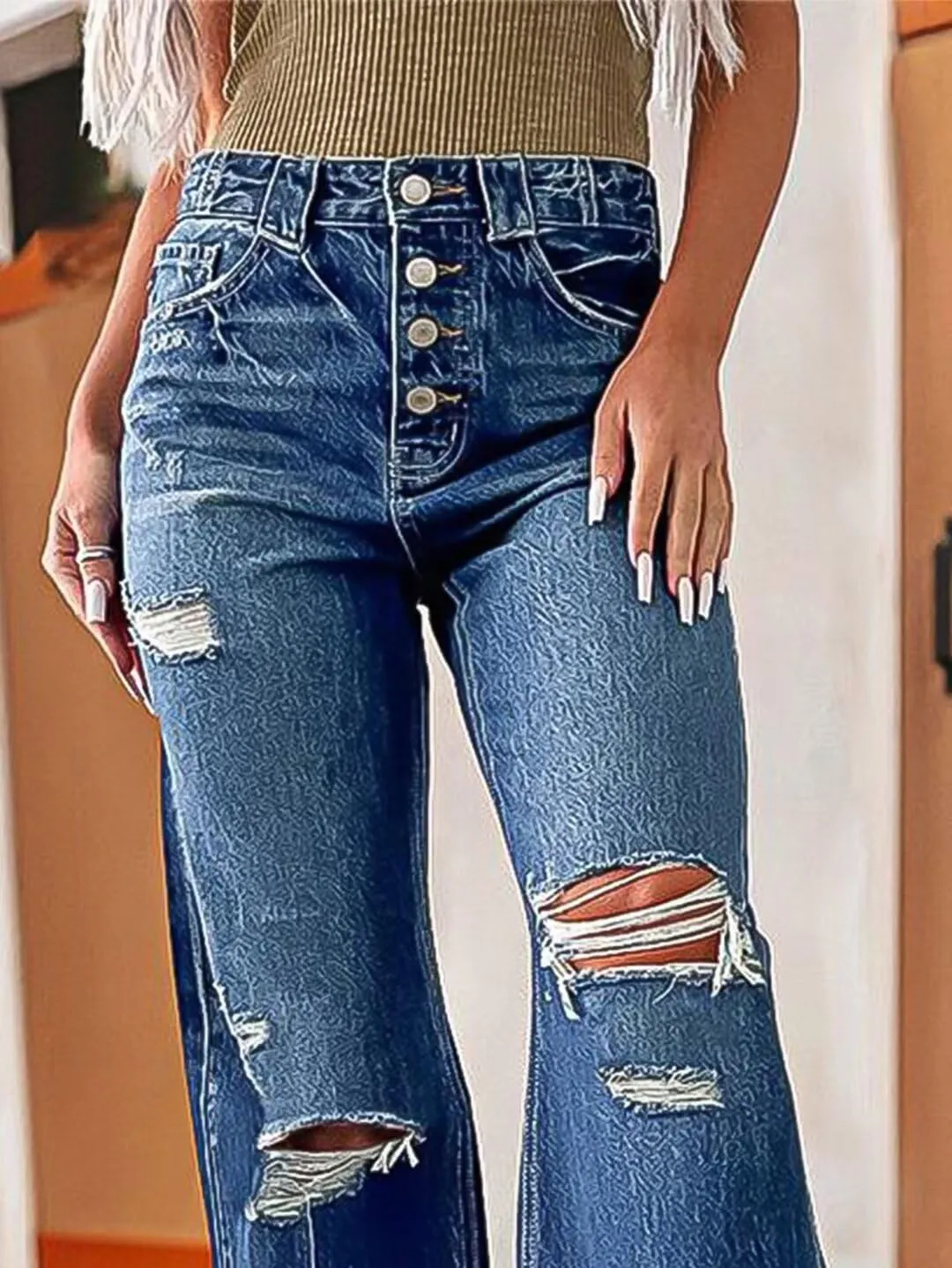 Flamingals Straight Leg Jeans for Women High Rise Casual Wash Cut Out Raw Hem Button Fly Denim Jeans
