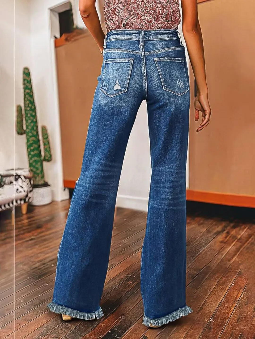 Flamingals Straight Leg Jeans for Women High Rise Casual Wash Cut Out Raw Hem Button Fly Denim Jeans