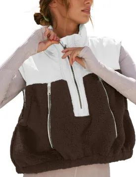 Fleece Vests for Women Half Zip Up Sleeveless Quilted Jacket Crop Puffer Vest Lightweight Padded Coat Outwear