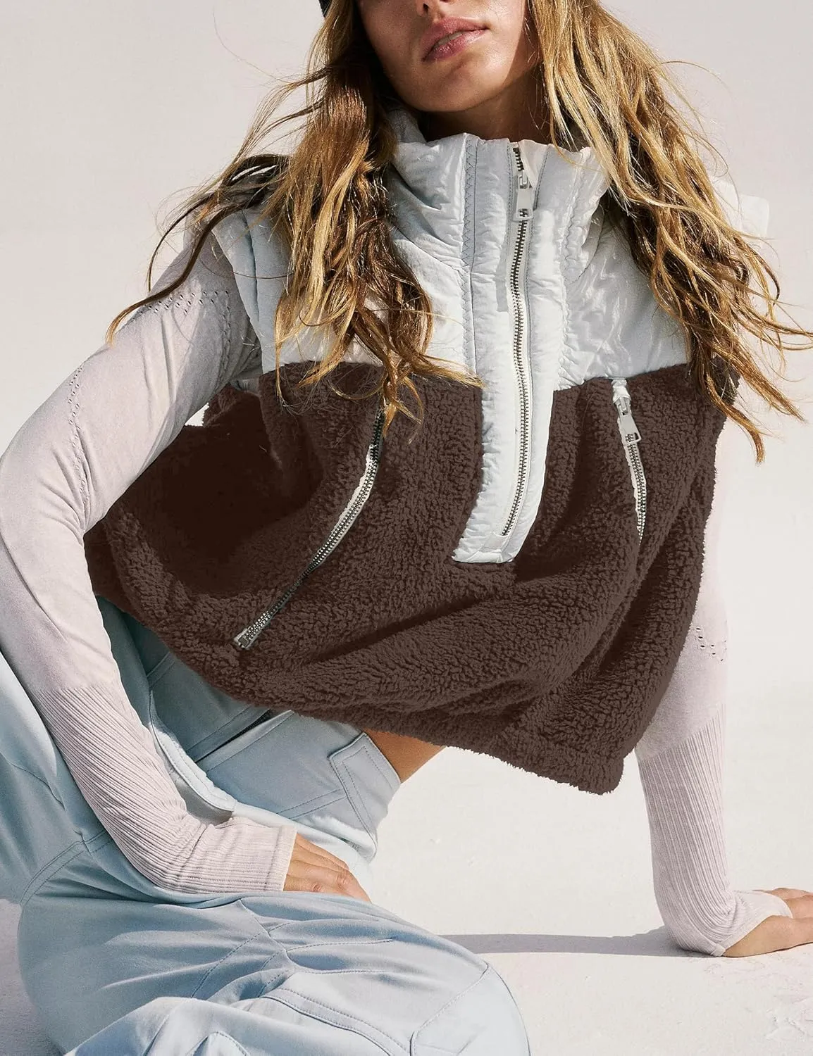 Fleece Vests for Women Half Zip Up Sleeveless Quilted Jacket Crop Puffer Vest Lightweight Padded Coat Outwear
