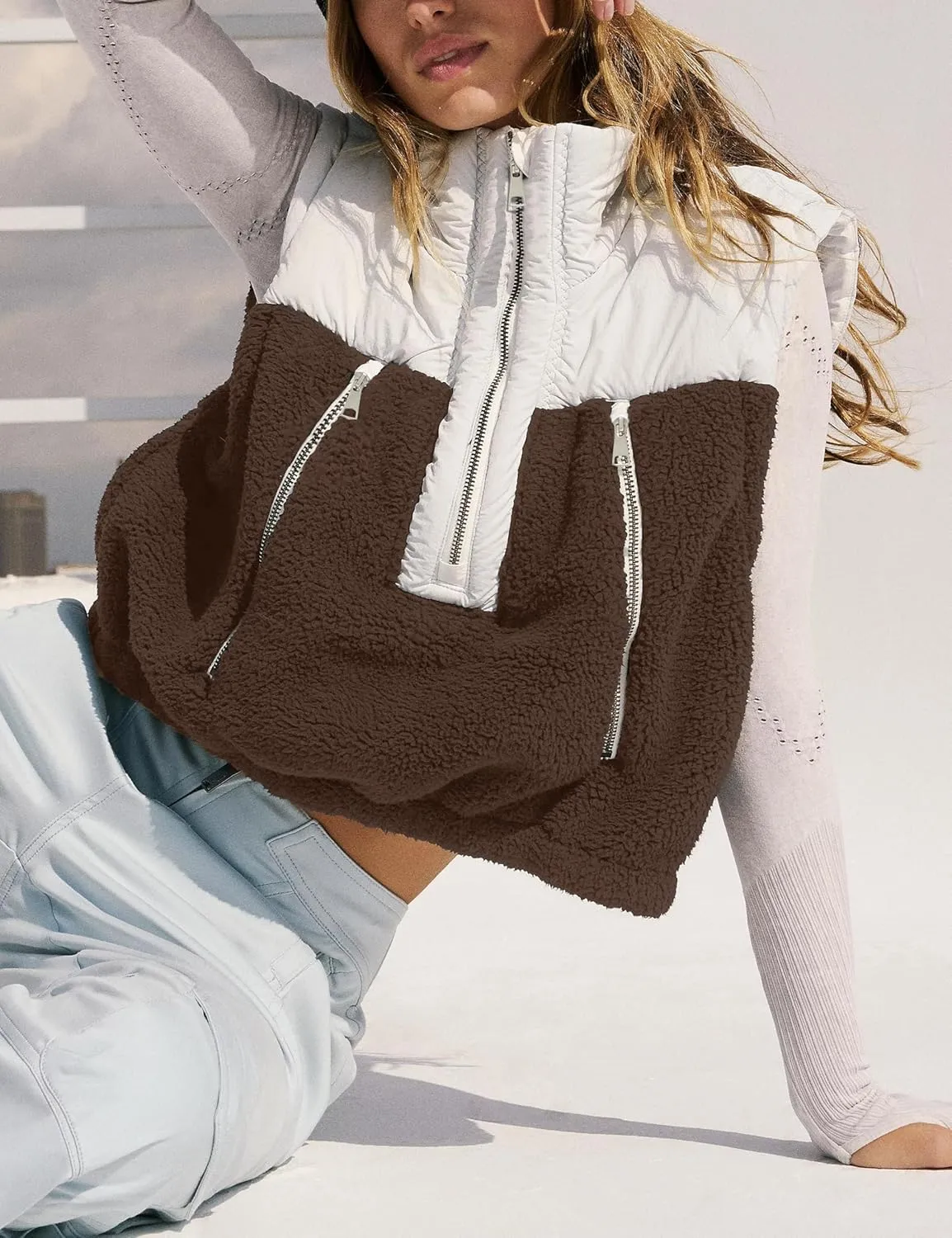 Fleece Vests for Women Half Zip Up Sleeveless Quilted Jacket Crop Puffer Vest Lightweight Padded Coat Outwear