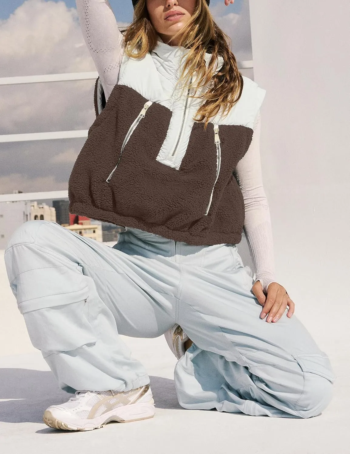 Fleece Vests for Women Half Zip Up Sleeveless Quilted Jacket Crop Puffer Vest Lightweight Padded Coat Outwear