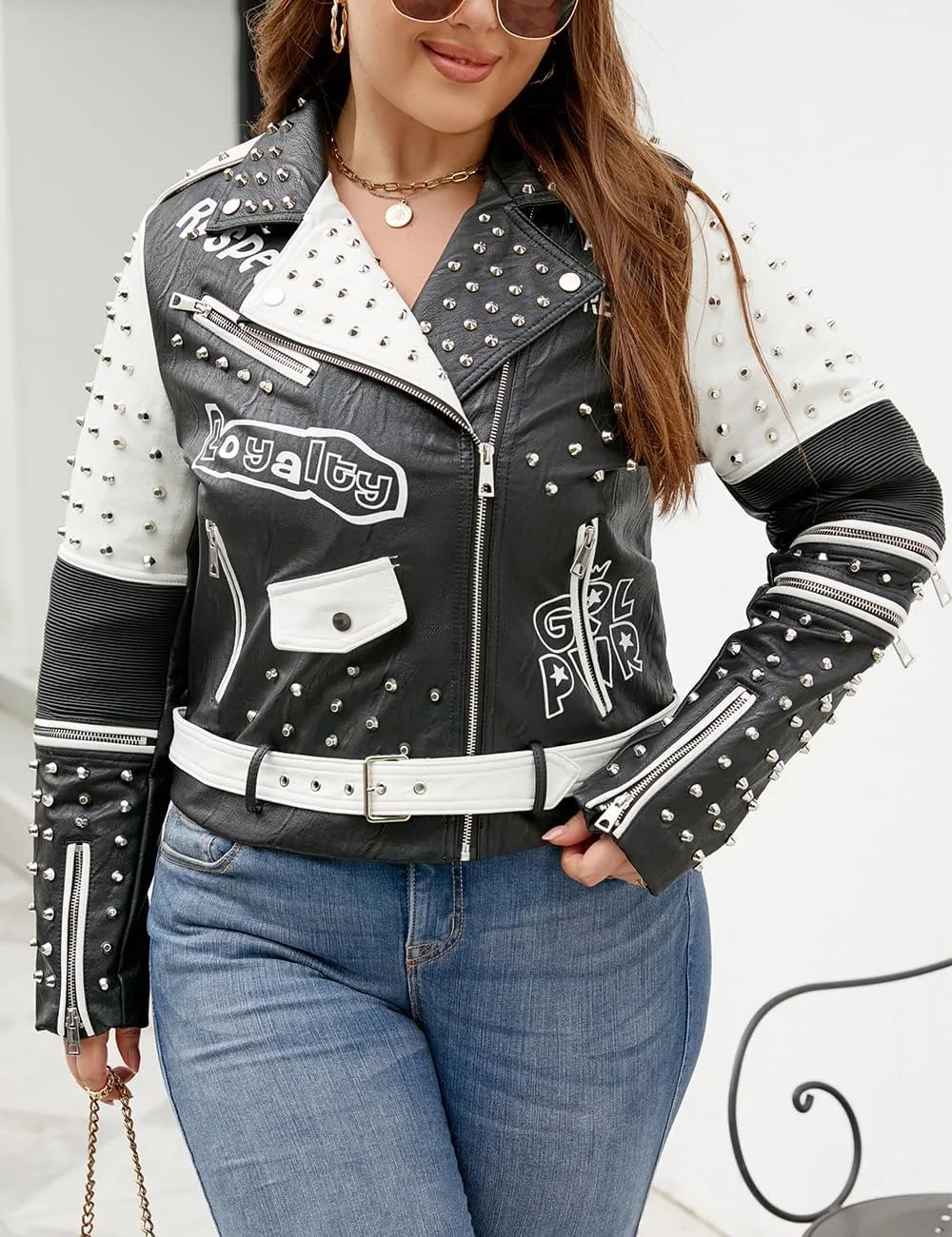 Geschallino Women's Faux Leather Jacket Plus Size Motorcycle Biker Clothes Outfits Short Fashion PU Coat (1X-5X)
