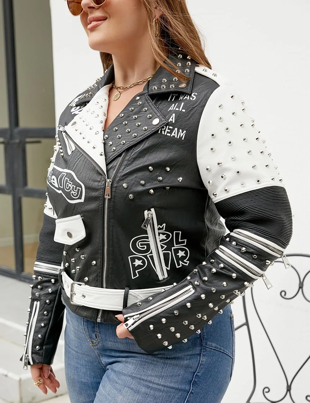 Geschallino Women's Faux Leather Jacket Plus Size Motorcycle Biker Clothes Outfits Short Fashion PU Coat (1X-5X)