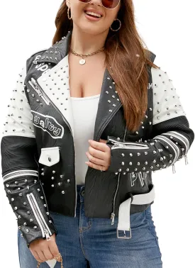 Geschallino Women's Faux Leather Jacket Plus Size Motorcycle Biker Clothes Outfits Short Fashion PU Coat (1X-5X)