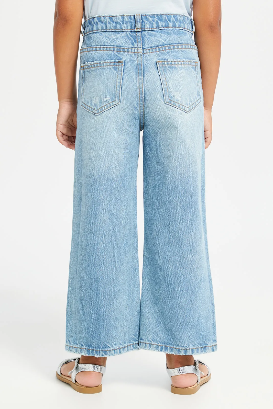 Girls Blue Ripped Wide Leg Denim Jeans